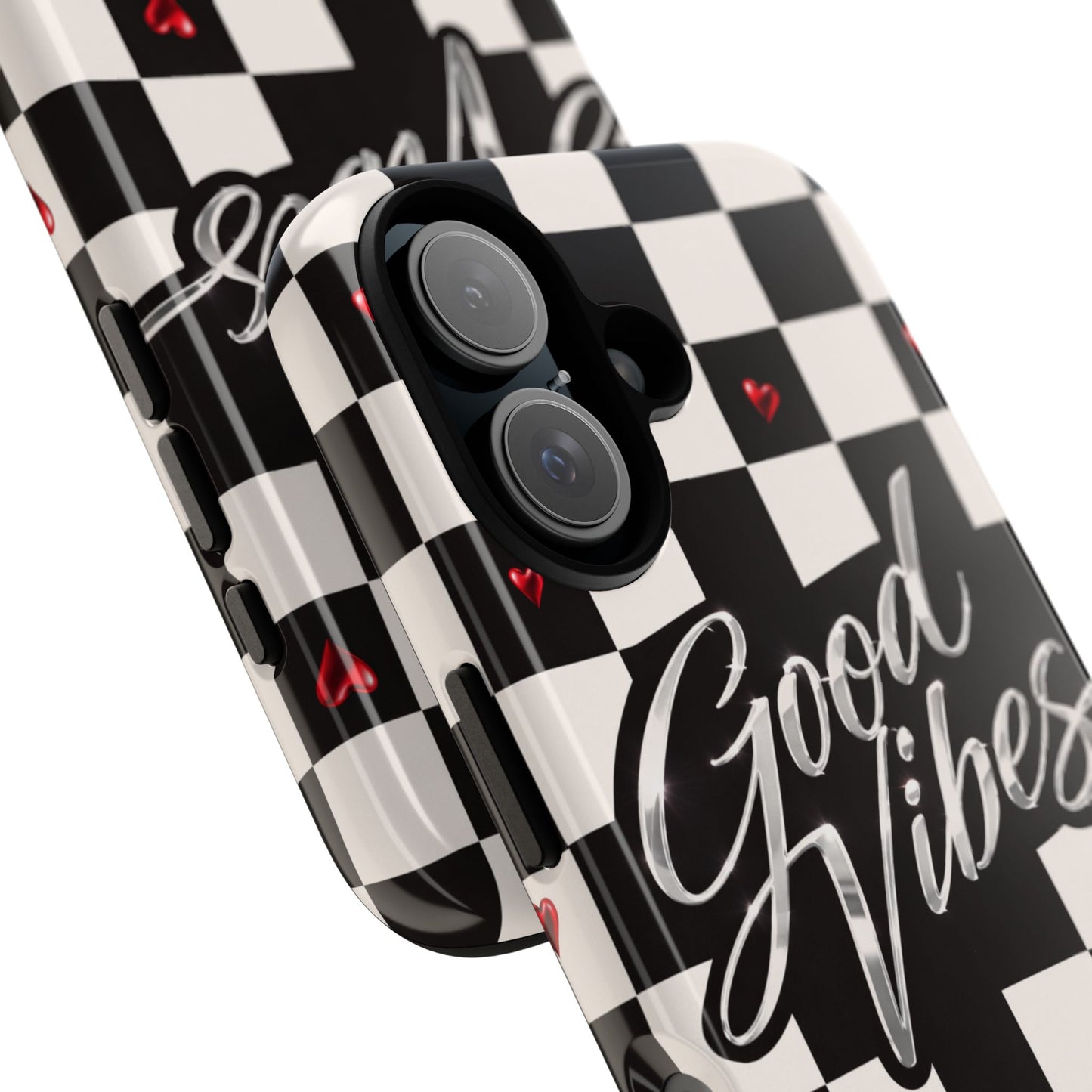 Good Vibes Checkerboard Phone Case — Retro Black & White with Red Hearts