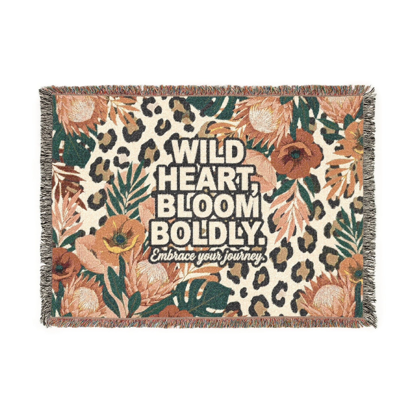 "Wild Heart Bloom Boldly" Floral Leopard Throw Blanket Woven Blanket