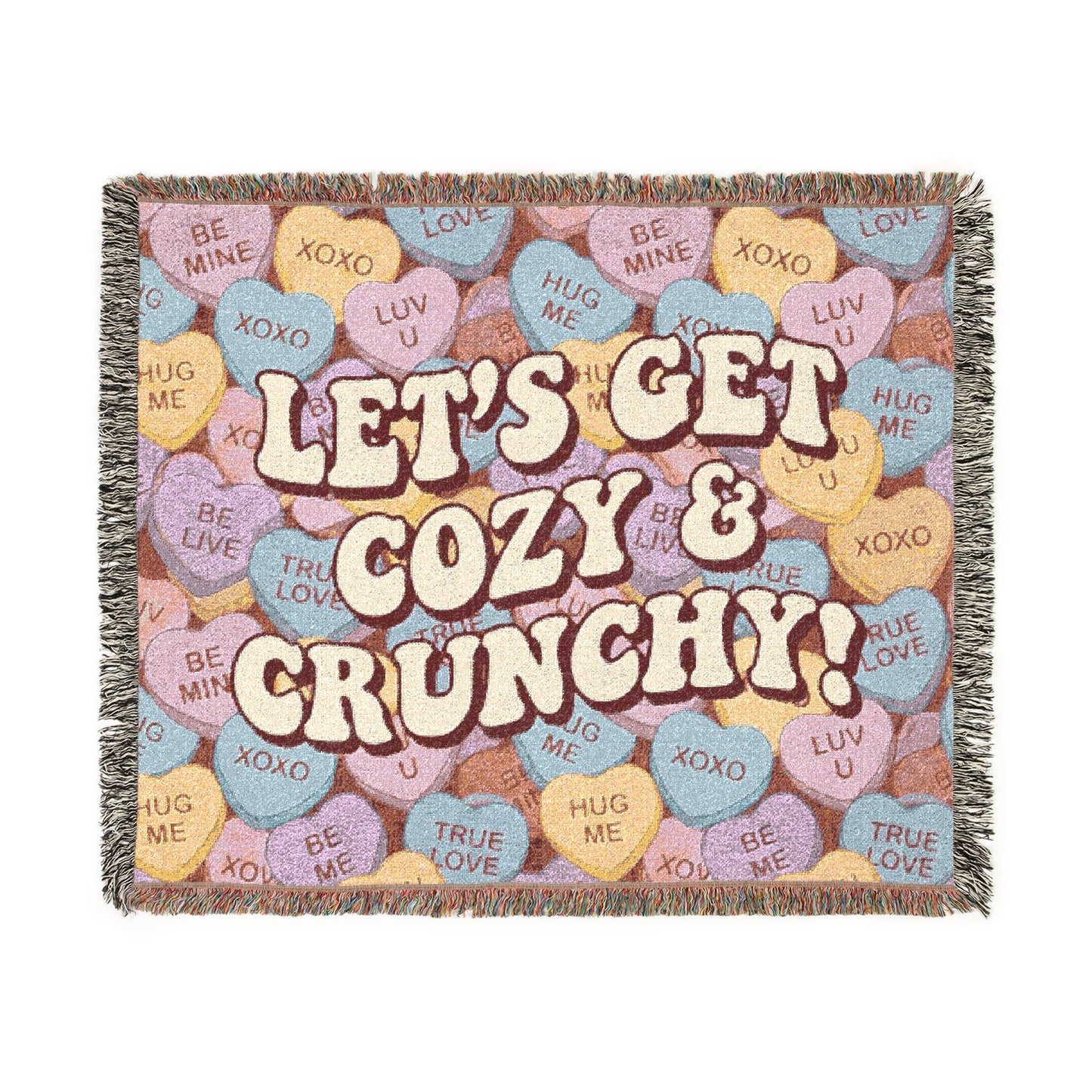 Let's Get Cozy & Crunchy Woven Blanket – Cute Candy-Heart Throw for Cozy Nights, Gifts & Valentine’s Decor