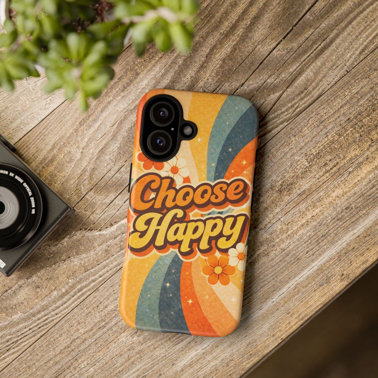 Retro 'Choose Happy' Phone Case — 70s Vibe Floral Protection
