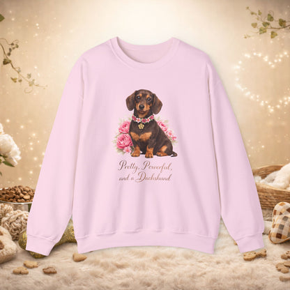 Dachshund Floral Crewneck Sweatshirt — "Pretty, Powerful, and a Dachshund"