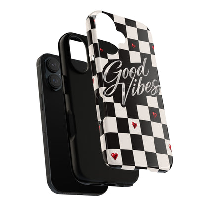Good Vibes Checkerboard Phone Case — Retro Black & White with Red Hearts