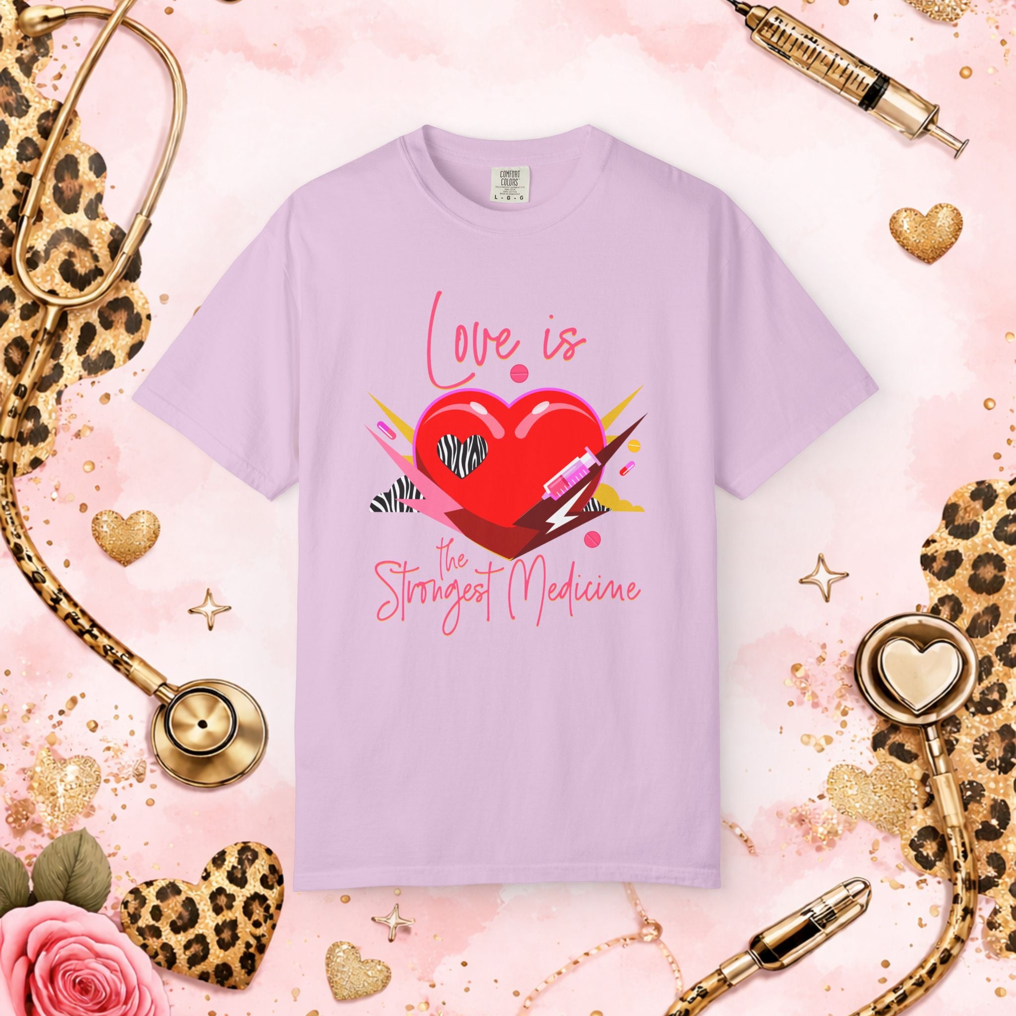 Valentine; Love Is the Strongest Medicine Heart Graphic T-Shirt — Healthcare Valentine Tee