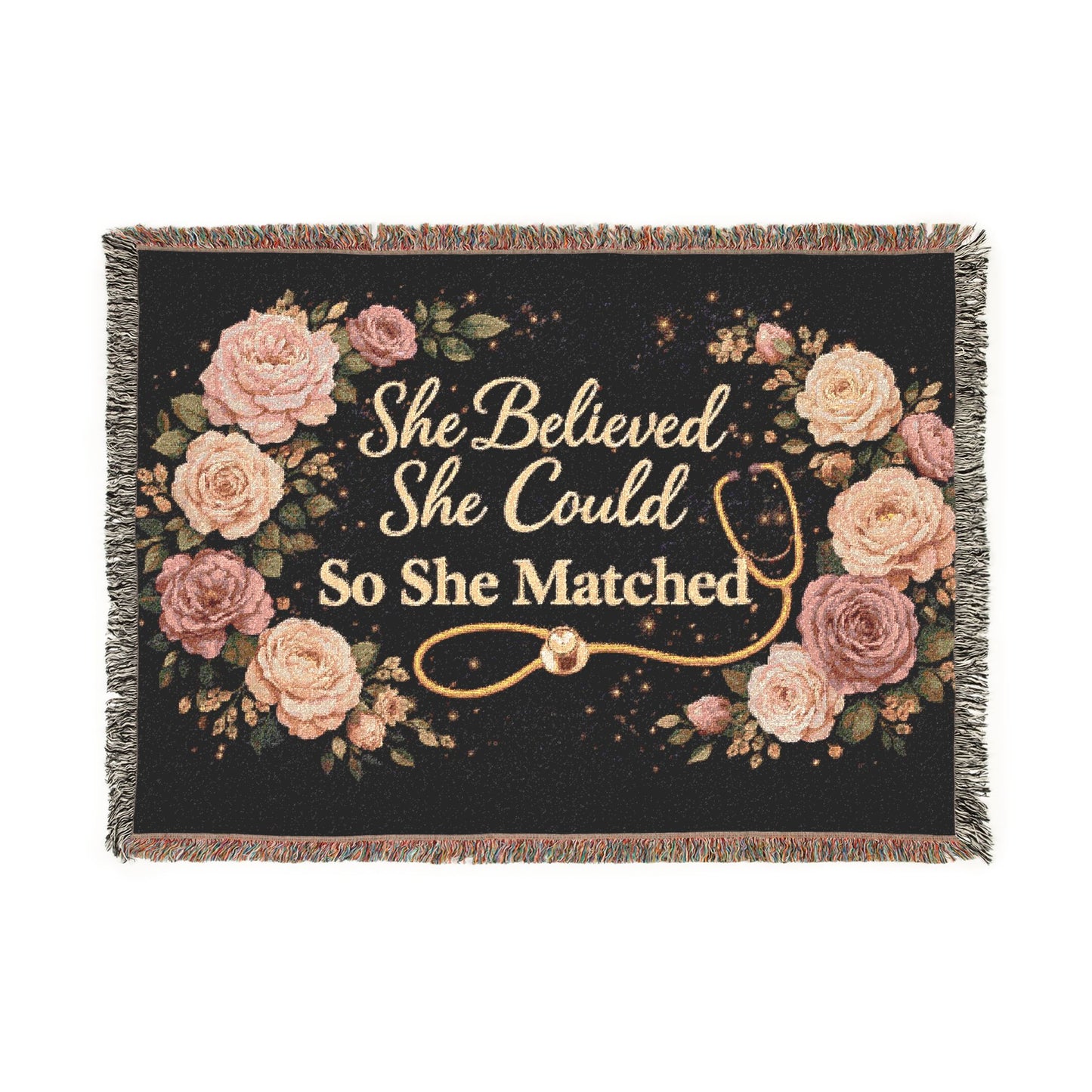 Woven Blanket: "She Believed She Could So She Matched" Floral Stethoscope Throw