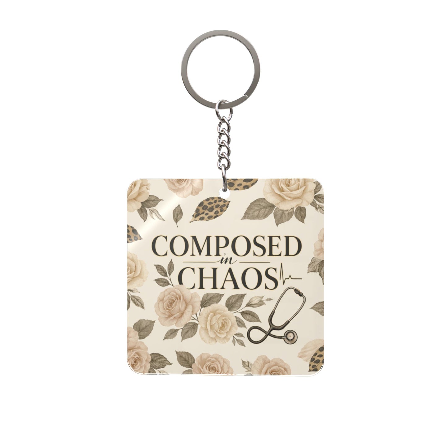 Composed in Chaos Floral Nurse Keychain — Square Inspirational Medical Keyring