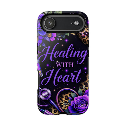 "Healing With Heart" Floral Stethoscope Design (Purple Leopard) Phone Case