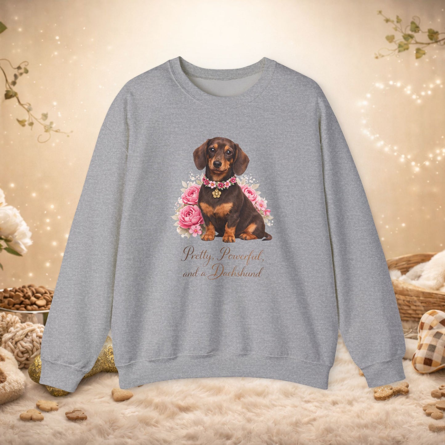 Dachshund Floral Crewneck Sweatshirt — "Pretty, Powerful, and a Dachshund"