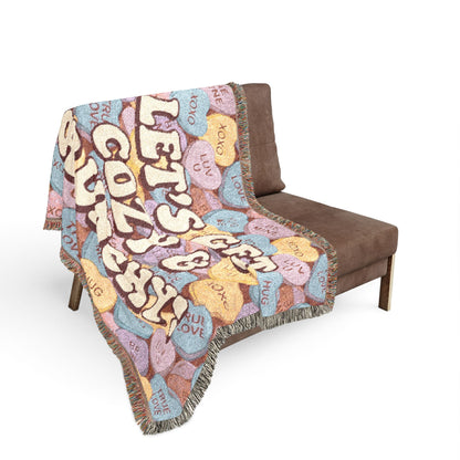 Let's Get Cozy & Crunchy Woven Blanket – Cute Candy-Heart Throw for Cozy Nights, Gifts & Valentine’s Decor