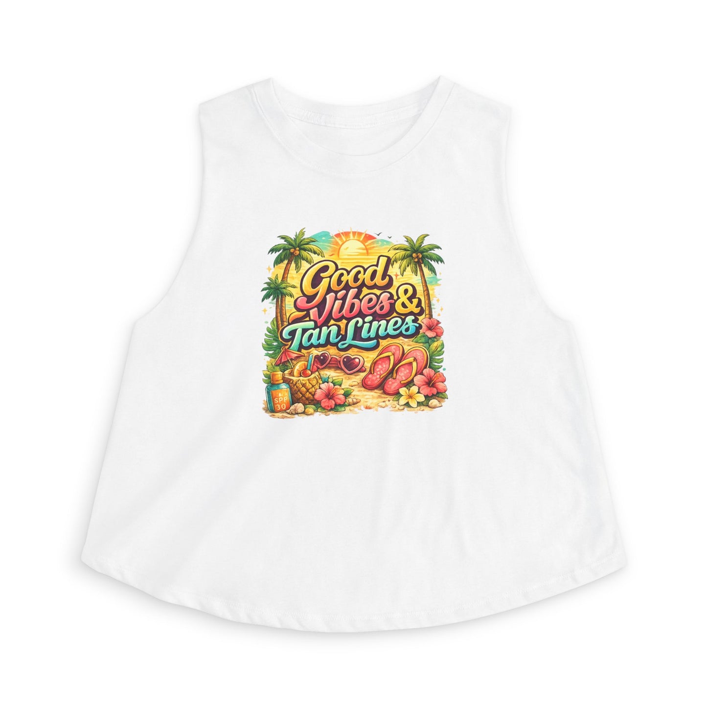Crop Top — "Good Vibes & Tan Lines" Tropical Beach Tank