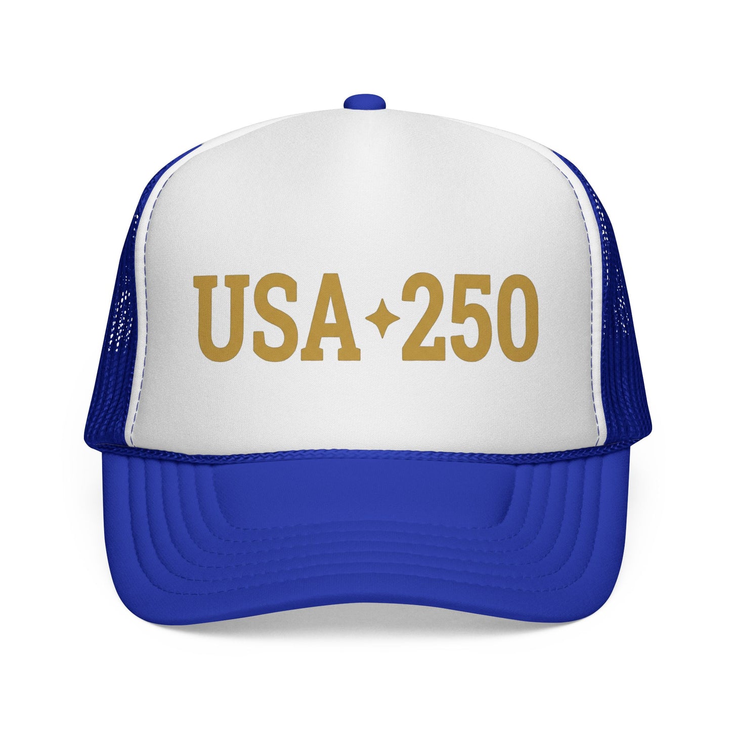 USA 250 Trucker Cap — Gold Vintage Patriotic Mesh Hat