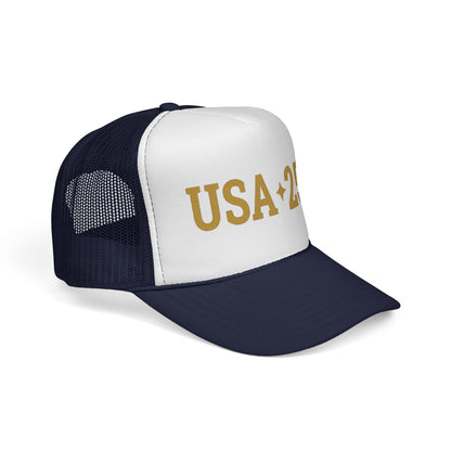 USA 250 Trucker Cap — Gold Vintage Patriotic Mesh Hat