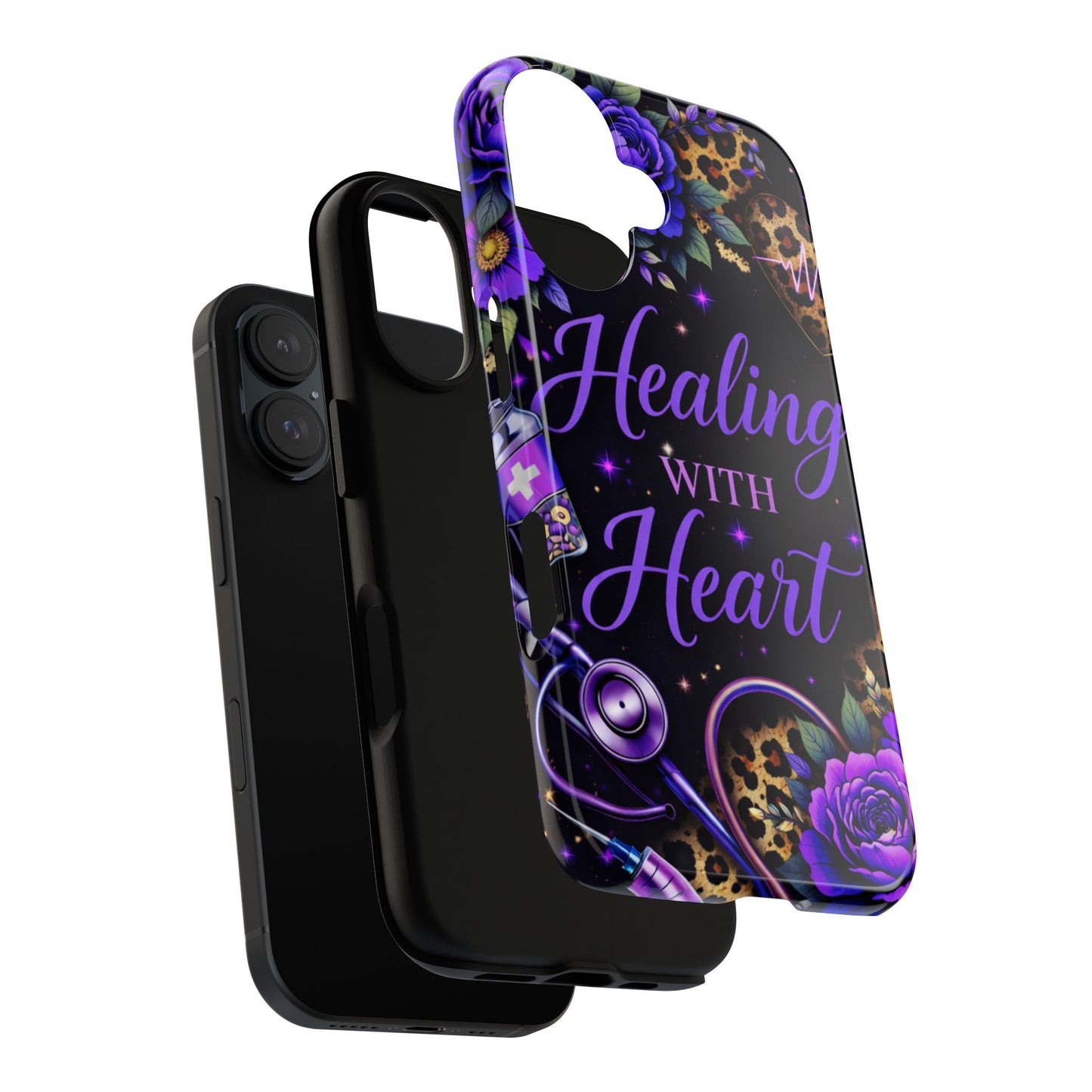 "Healing With Heart" Floral Stethoscope Design (Purple Leopard) Phone Case