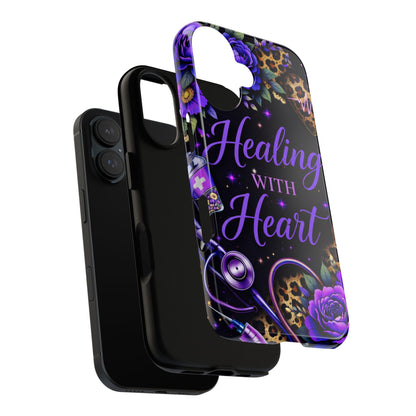 "Healing With Heart" Floral Stethoscope Design (Purple Leopard) Phone Case