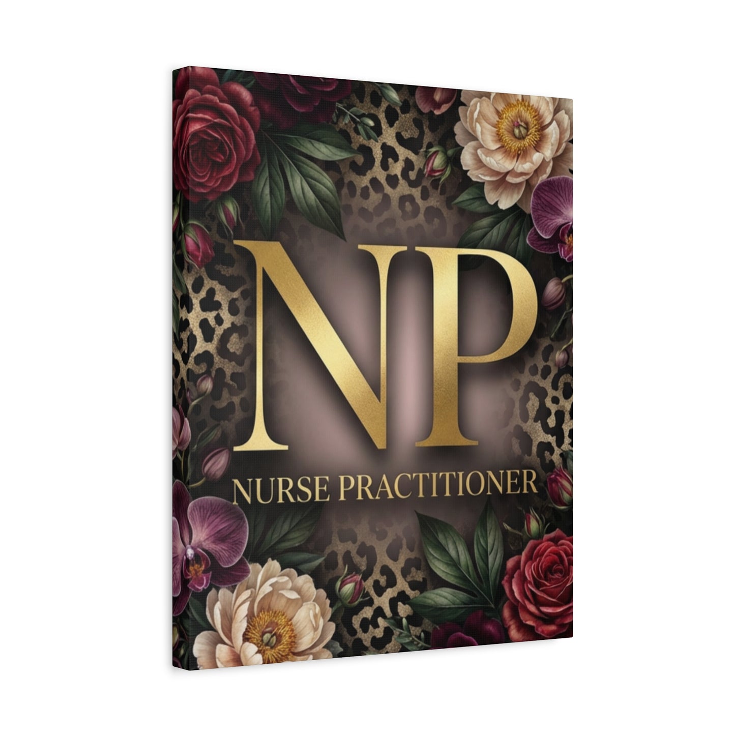 Nurse Practitioner NP Gold Leopard Floral Matte Canvas Wall Art