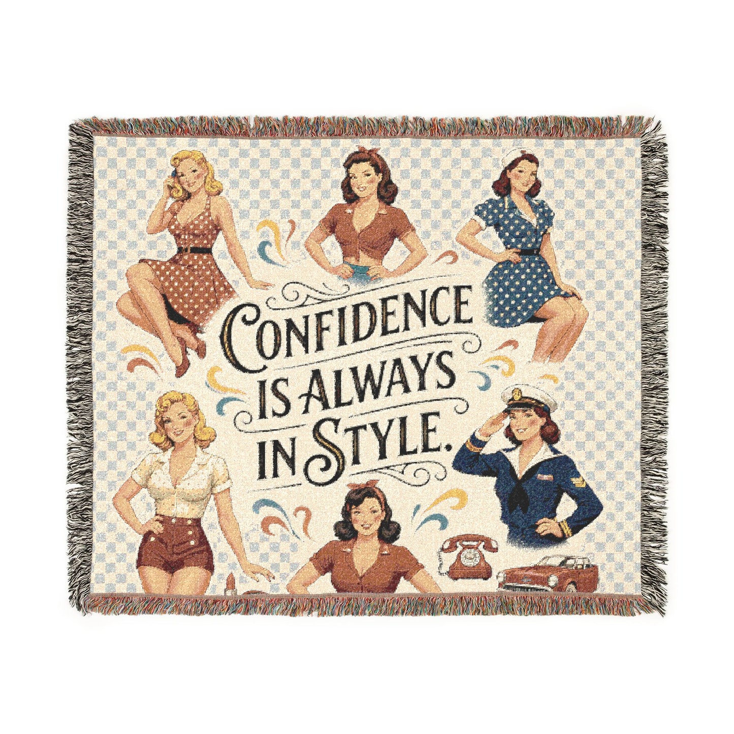 Woven Blanket — "Confidence Is Always in Style" Retro Pinup Throw