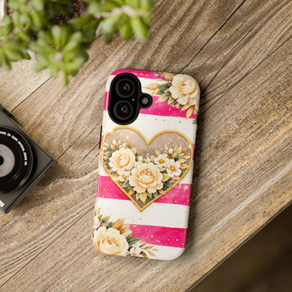 Floral Heart Tough Phone Case — Pink Striped Protective Cover