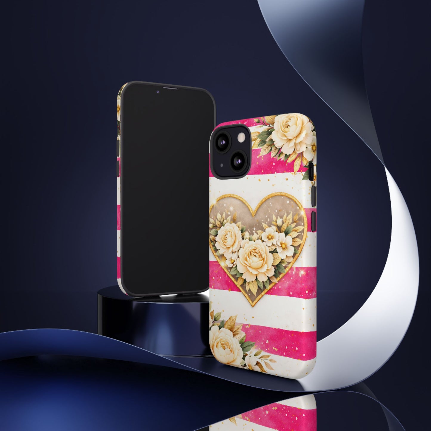 Floral Heart Tough Phone Case — Pink Striped Protective Cover
