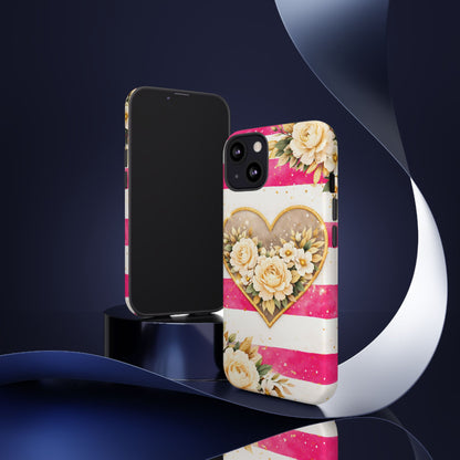Floral Heart Tough Phone Case — Pink Striped Protective Cover