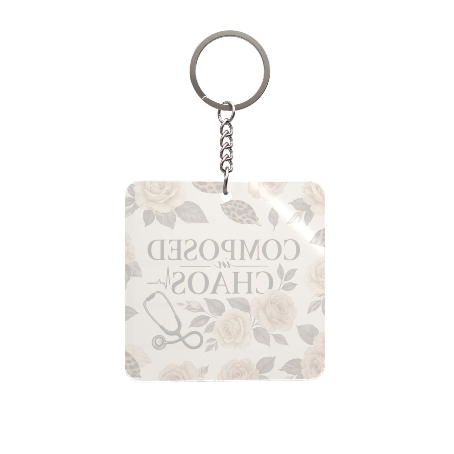 Composed in Chaos Floral Nurse Keychain — Square Inspirational Medical Keyring