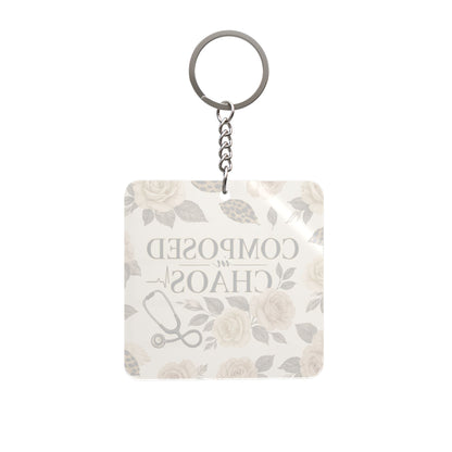 Composed in Chaos Floral Nurse Keychain — Square Inspirational Medical Keyring