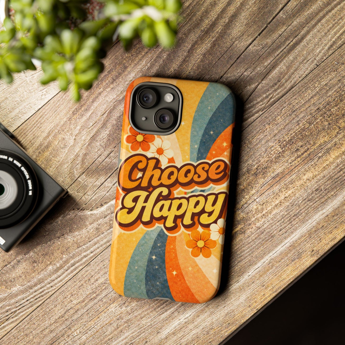 Retro 'Choose Happy' Phone Case — 70s Vibe Floral Protection