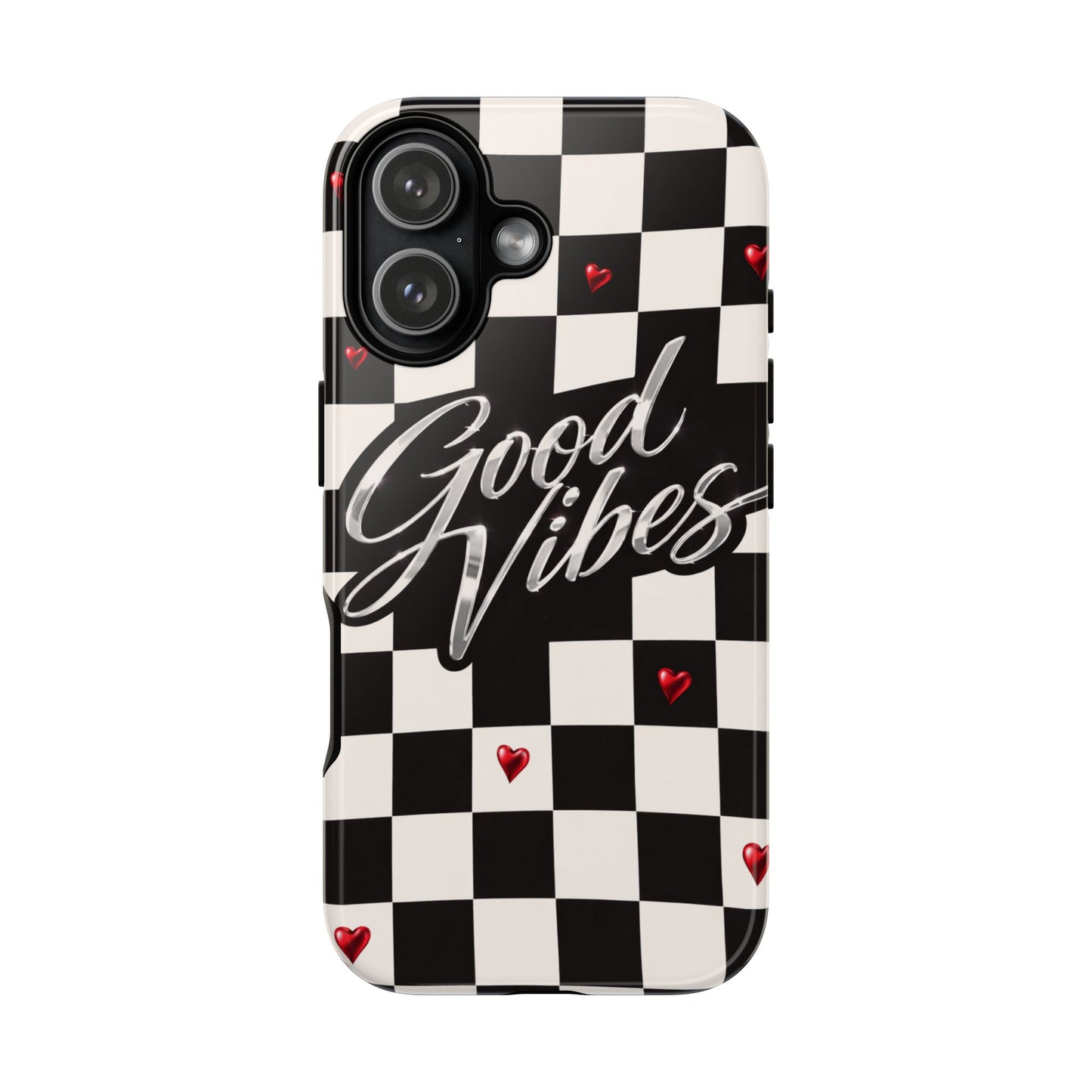 Good Vibes Checkerboard Phone Case — Retro Black & White with Red Hearts