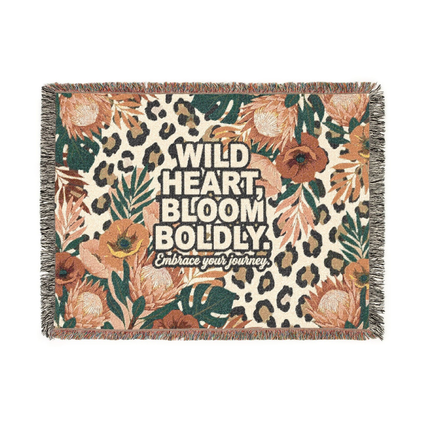 "Wild Heart Bloom Boldly" Floral Leopard Throw Blanket Woven Blanket