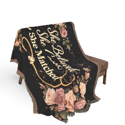 Woven Blanket: "She Believed She Could So She Matched" Floral Stethoscope Throw