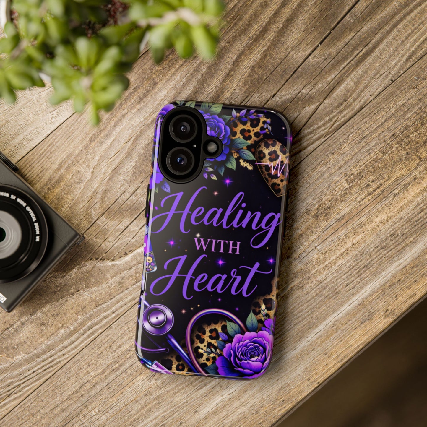 "Healing With Heart" Floral Stethoscope Design (Purple Leopard) Phone Case