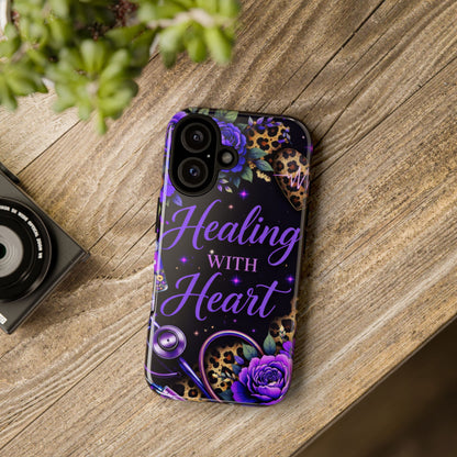 "Healing With Heart" Floral Stethoscope Design (Purple Leopard) Phone Case