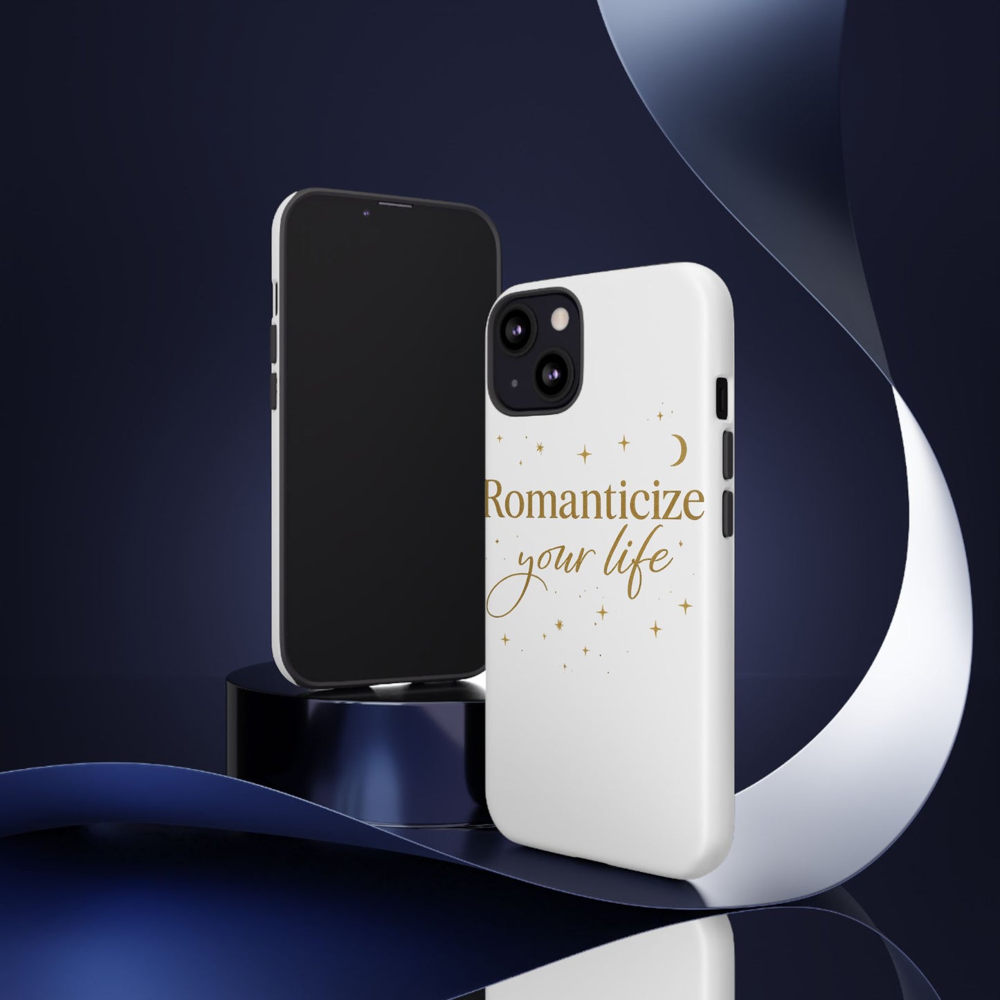 Romanticize Your Life Phone Case — Protective Tough Case with Gold Script & Starry Design