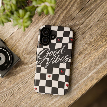 Good Vibes Checkerboard Phone Case — Retro Black & White with Red Hearts