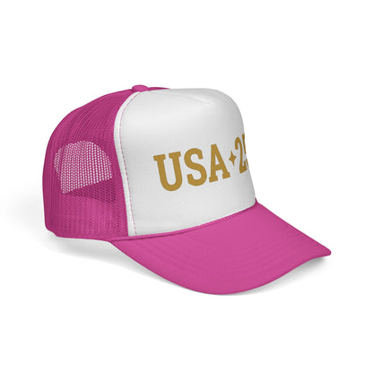 USA 250 Trucker Cap — Gold Vintage Patriotic Mesh Hat