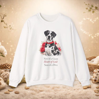 Great Dane Floral Crewneck Sweatshirt — "Size of a Giant, Heart of Gold, Sass of a Diva"