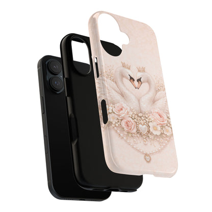 Swan Heart Tough Phone Case — Romantic Pearl & Rose Protective Cover
