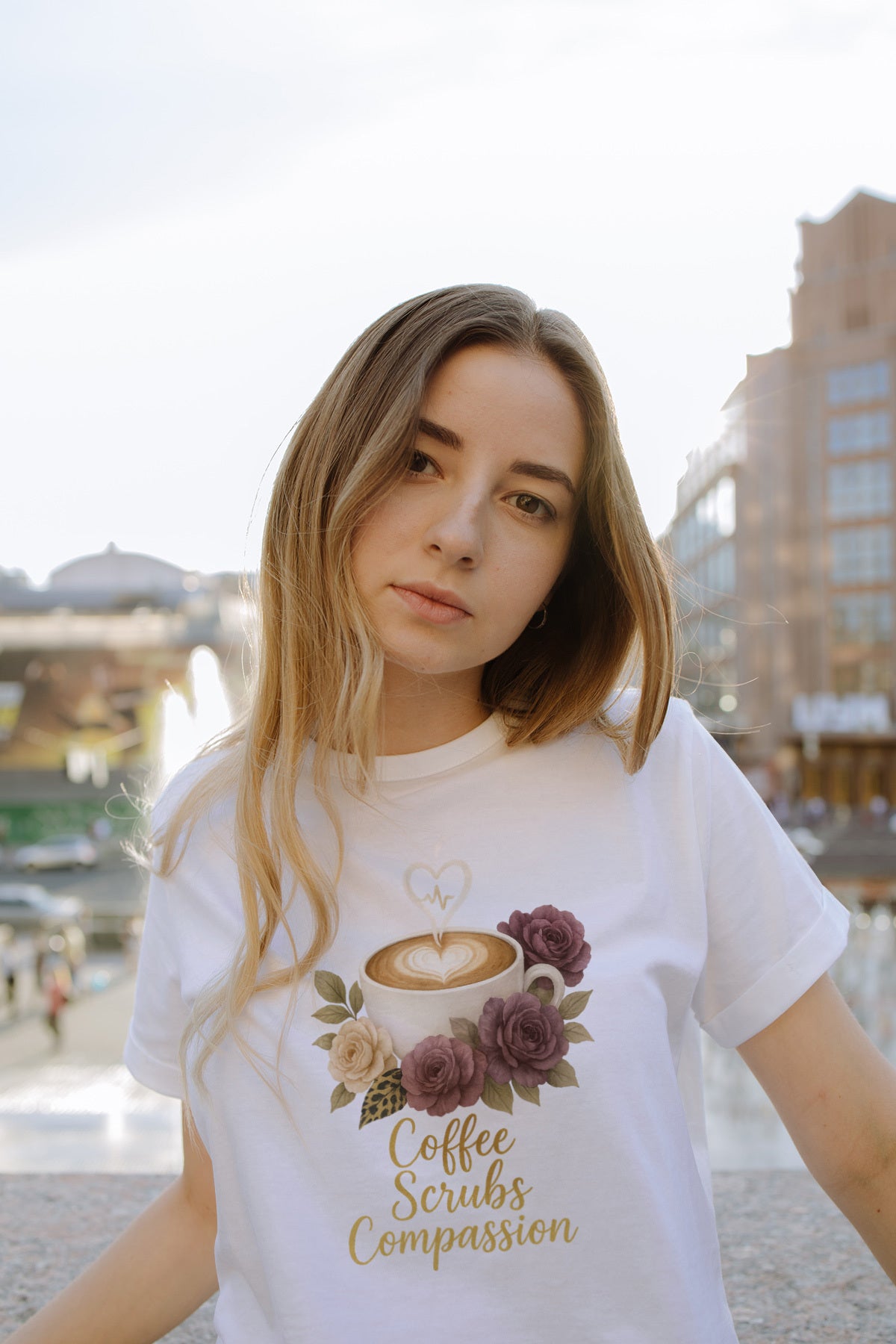 Coffee, Scrubs & Compassion Tee — Nurse Appreciation Coffee Shirt