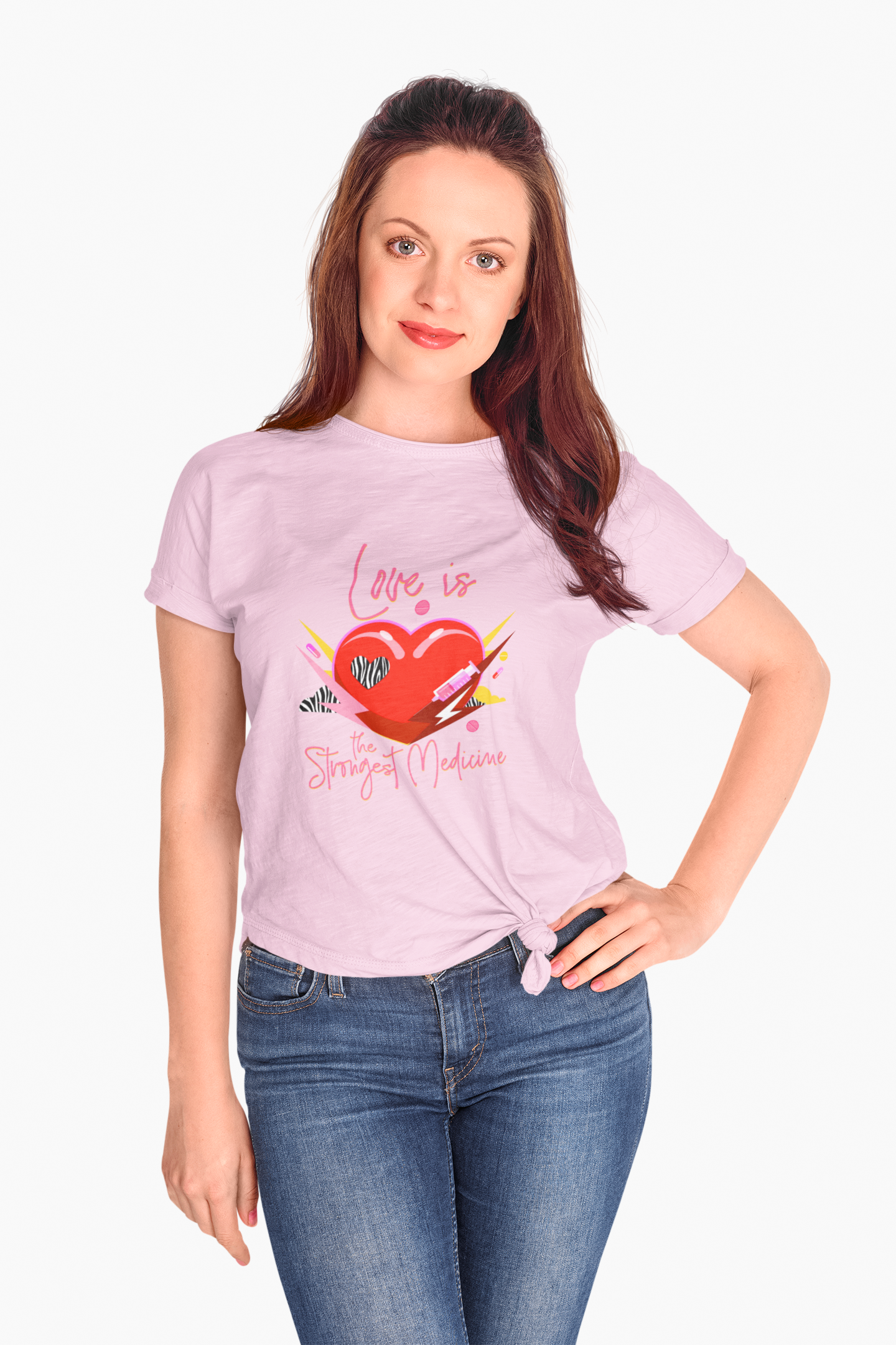Valentine; Love Is the Strongest Medicine Heart Graphic T-Shirt — Healthcare Valentine Tee