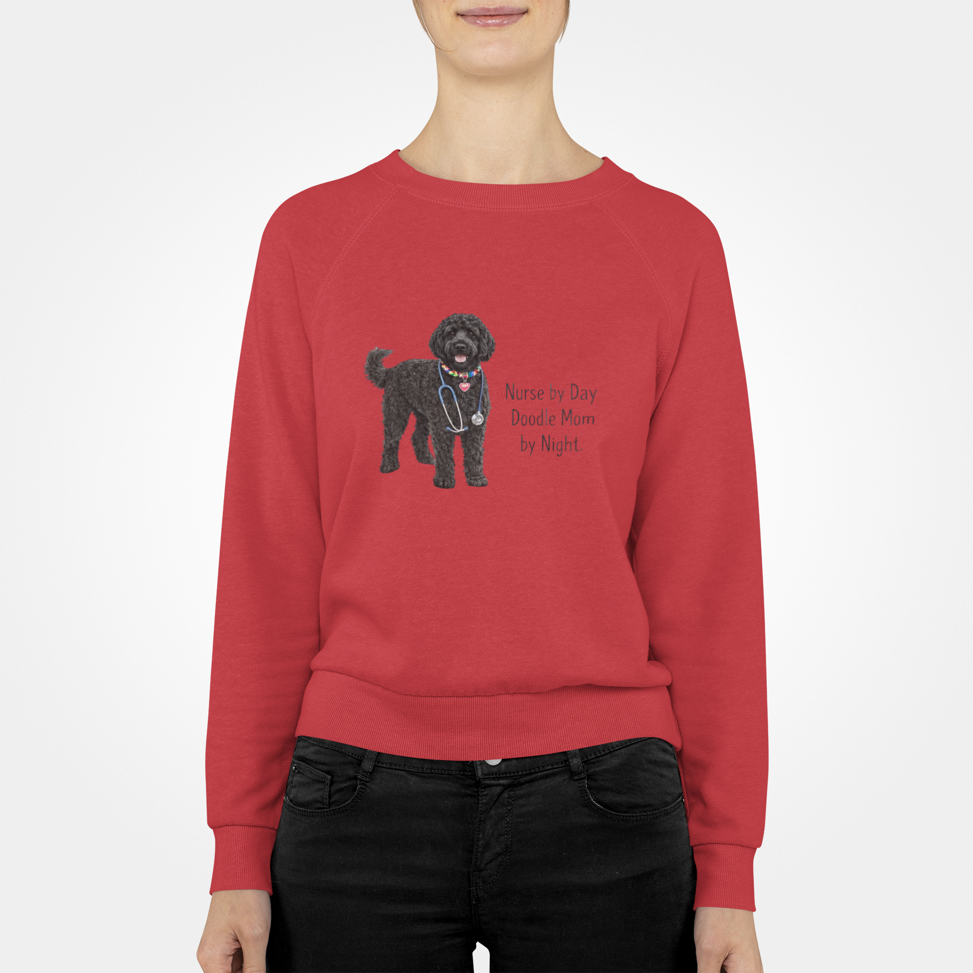 Nurse by Day Doodle Mom Sweatshirt — Black Doodle Dog Crewneck
