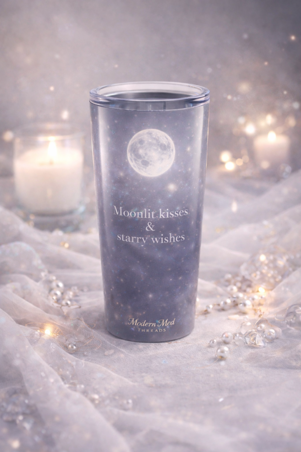 20oz Moonlit Quote Tumbler — “Moonlit kisses & starry wishes” Stainless Travel Cup