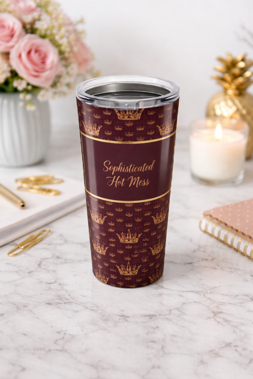 20oz Tumbler — "Sophisticated Hot Mess" Crown Pattern Insulated Travel Cup