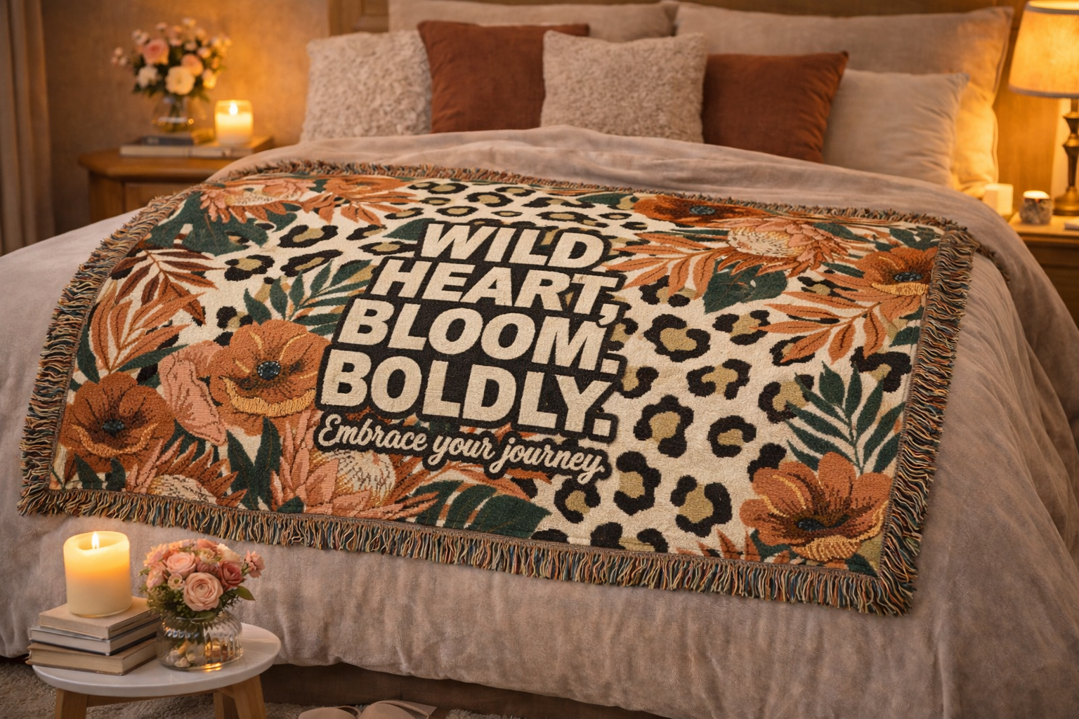 "Wild Heart Bloom Boldly" Floral Leopard Throw Blanket Woven Blanket