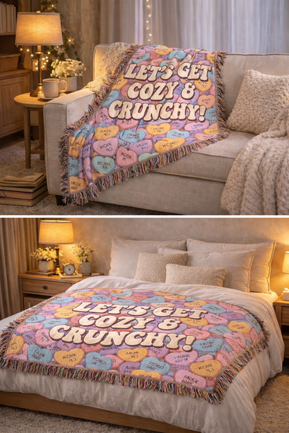 Let's Get Cozy & Crunchy Woven Blanket – Cute Candy-Heart Throw for Cozy Nights, Gifts & Valentine’s Decor