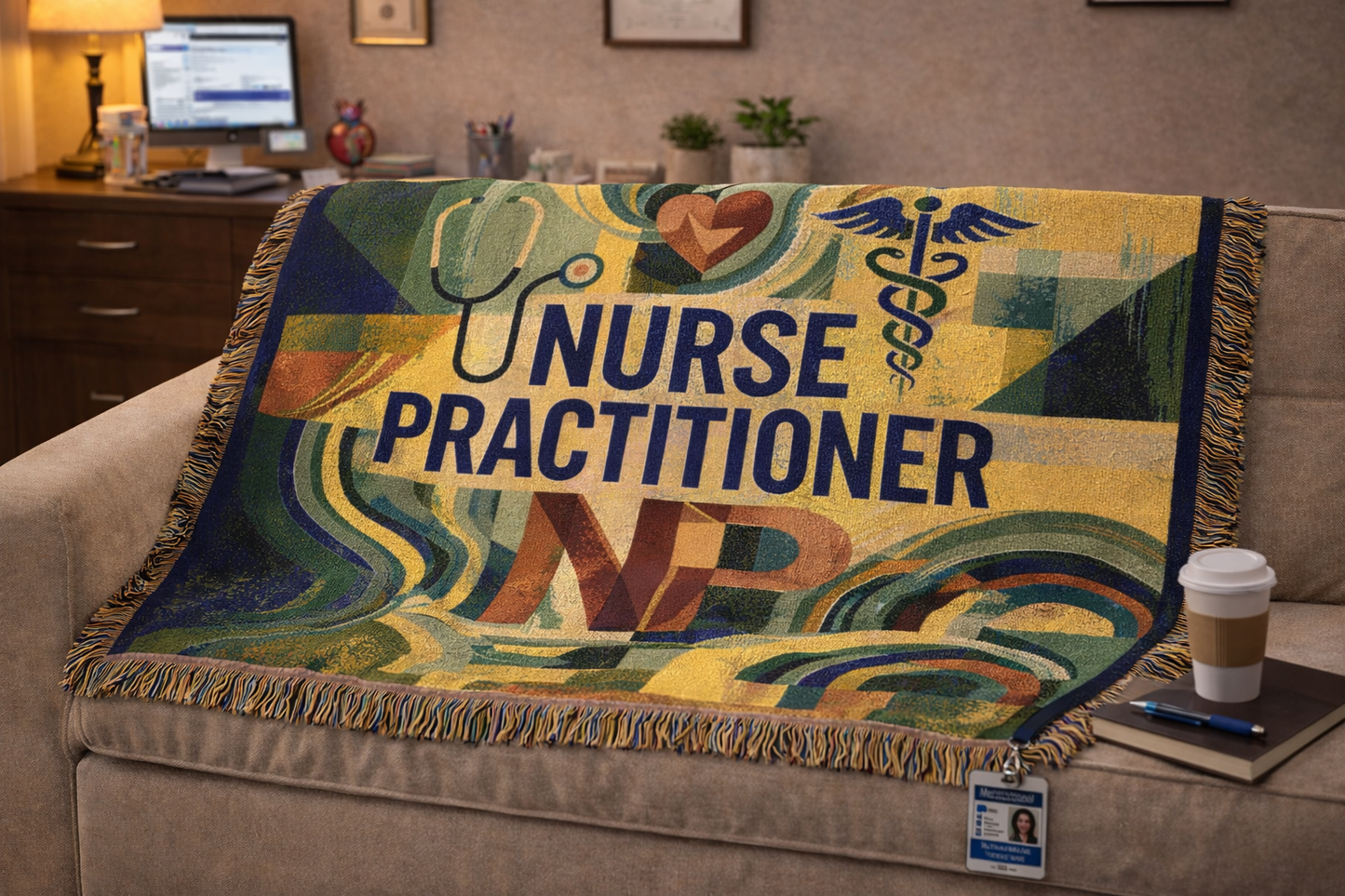 Nurse Practitioner Woven Blanket — Cozy NP Throw with Caduceus & Stethoscope Design