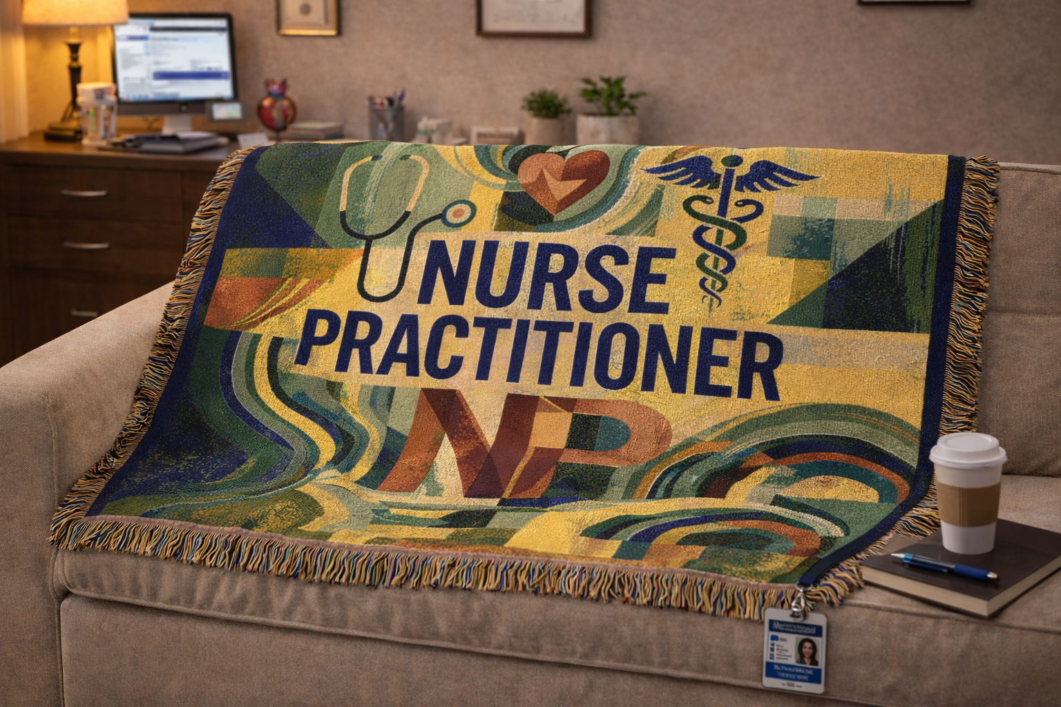 Nurse Practitioner Woven Blanket — Cozy NP Throw with Caduceus & Stethoscope Design