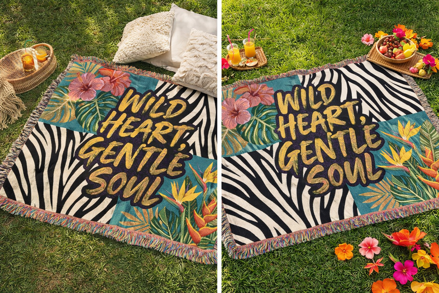 'Wild Heart, Gentle Soul' Tropical Zebra Throw / Woven Blanket —