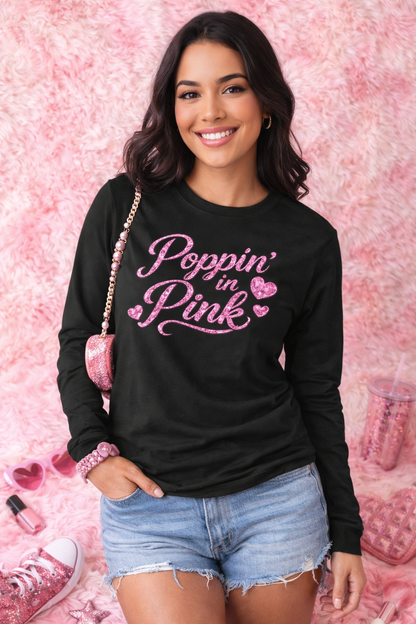 "Poppin' in Pink" Sparkle Graphic Long Sleeve Tee