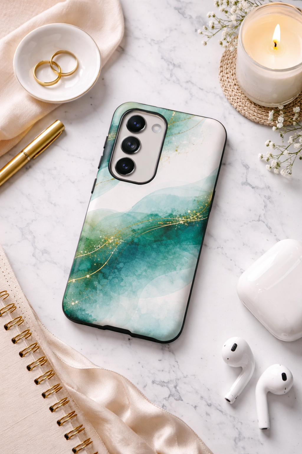 Teal Marble Gold Accent Tough Phone Case