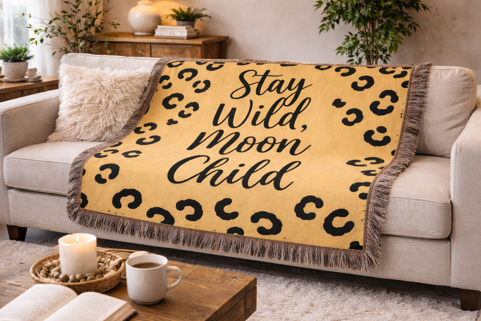 Stay Wild Moon Child Woven Blanket — Leopard Print Boho Throw