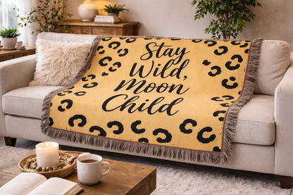 Stay Wild Moon Child Woven Blanket — Leopard Print Boho Throw