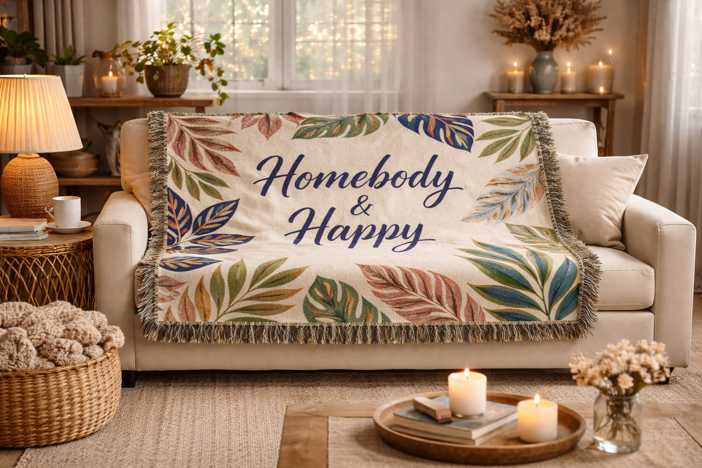 Homebody & Happy Woven Blanket — Cozy Leaf Pattern Throw